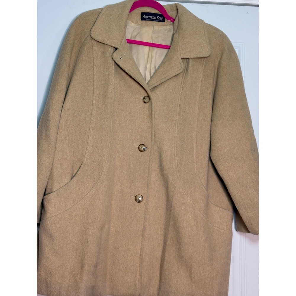 Herman Kay Vintage Camel Wool Blend Coat Tan Mid Length Button Front Size 18